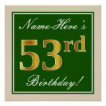 [ Thumbnail: Elegant, Green, Faux Gold 53rd Birthday + Name Poster ]