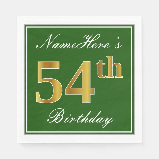Elegant Green, Faux Gold 54th Birthday + Name Napkins (Front)