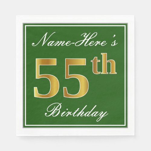 Elegant Green Faux Gold 55th Birthday  Name Paper Napkins