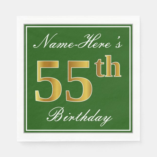Elegant Green, Faux Gold 55th Birthday + Name Paper Napkins (Front)