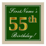 [ Thumbnail: Elegant, Green, Faux Gold 55th Birthday + Name Poster ]