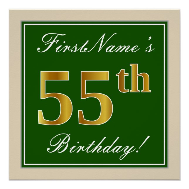 Elegant, Green, Faux Gold 55th Birthday + Name Poster (Front)