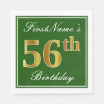 [ Thumbnail: Elegant Green, Faux Gold 56th Birthday + Name Napkins ]