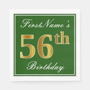 Elegant Green, Faux Gold 56th Birthday + Name Napkins