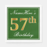 [ Thumbnail: Elegant Green, Faux Gold 57th Birthday + Name Napkins ]