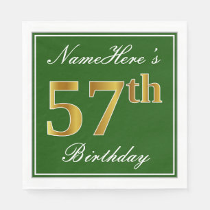 Elegant Green, Faux Gold 57th Birthday + Name Napkins