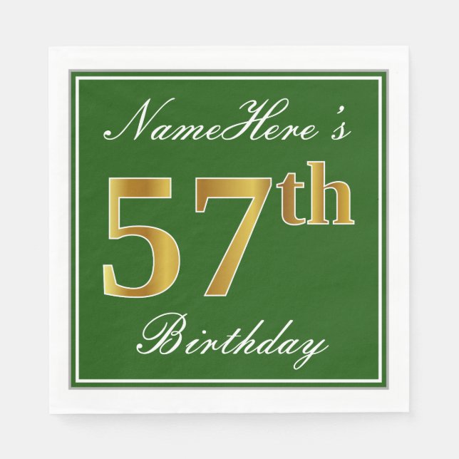 Elegant Green, Faux Gold 57th Birthday + Name Napkins (Front)