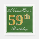 [ Thumbnail: Elegant Green, Faux Gold 59th Birthday + Name Napkins ]