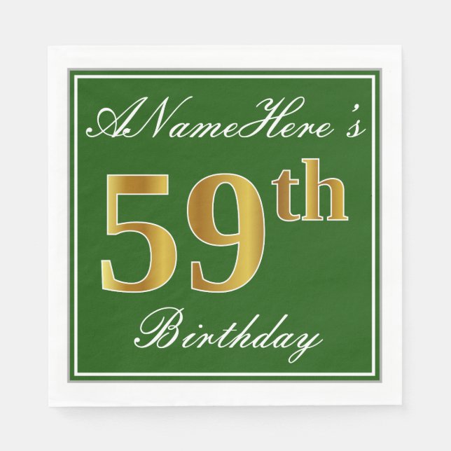 Elegant Green, Faux Gold 59th Birthday + Name Napkins (Front)