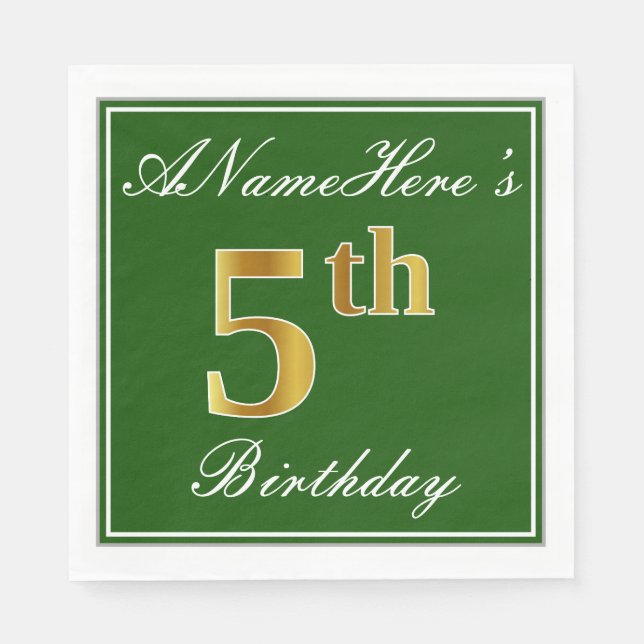 Elegant Green, Faux Gold 5th Birthday; Custom Name Napkins (Front)