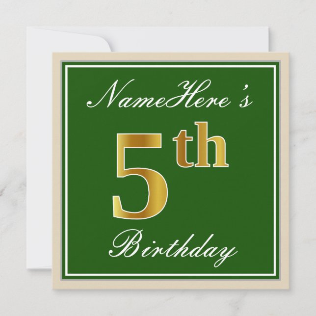 Elegant, Green, Faux Gold 5th Birthday + Name Invitation (Front)