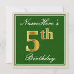 [ Thumbnail: Elegant, Green, Faux Gold 5th Birthday + Name Invitation ]