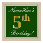 [ Thumbnail: Elegant, Green, Faux Gold 5th Birthday + Name Poster ]