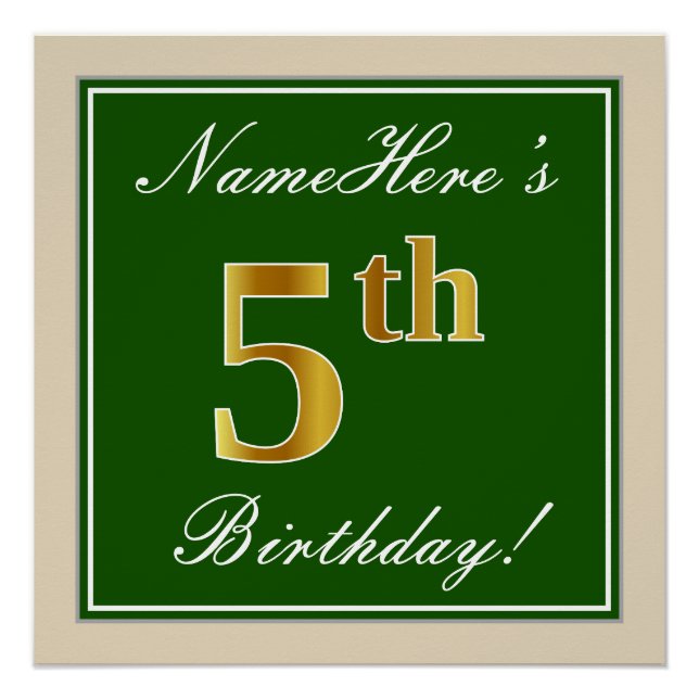 Elegant, Green, Faux Gold 5th Birthday + Name Poster (Front)