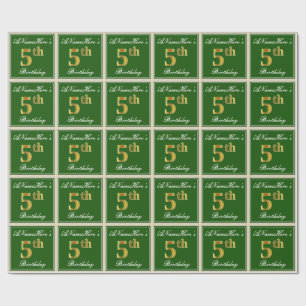 Elegant, Green, Faux Gold 5th Birthday + Name Wrapping Paper