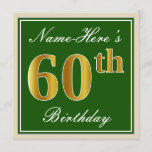 [ Thumbnail: Elegant, Green, Faux Gold 60th Birthday + Name Invitation ]
