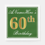 [ Thumbnail: Elegant Green, Faux Gold 60th Birthday + Name Napkins ]