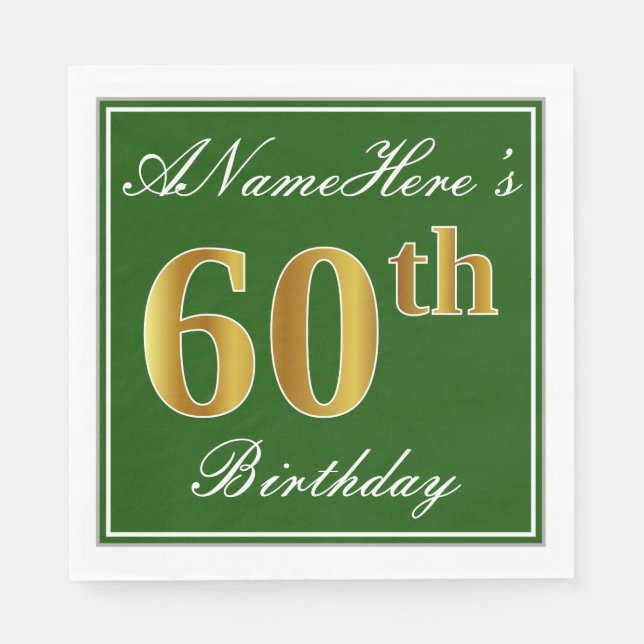 Elegant Green, Faux Gold 60th Birthday + Name Napkins (Front)
