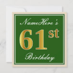 [ Thumbnail: Elegant, Green, Faux Gold 61st Birthday + Name Invitation ]