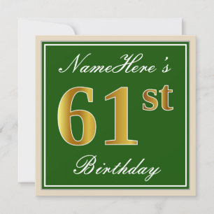 Elegant, Green, Faux Gold 61st Birthday + Name Invitation