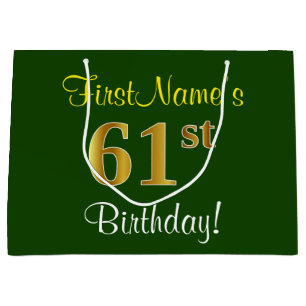 Elegant, Green, Faux Gold 61st Birthday + Name Large Gift Bag