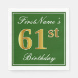 [ Thumbnail: Elegant Green, Faux Gold 61st Birthday + Name Napkins ]