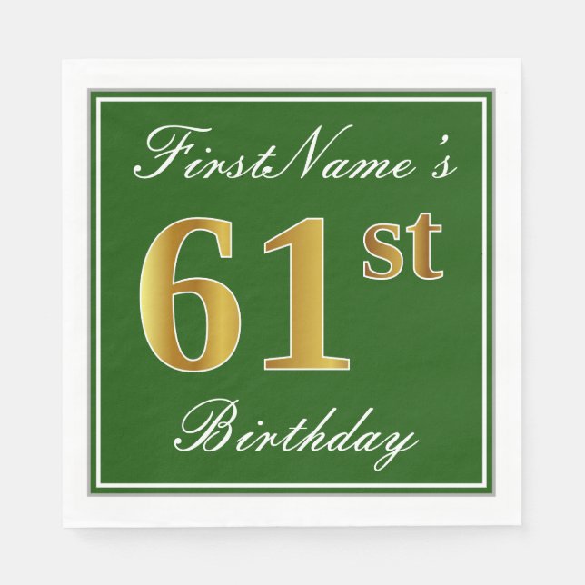 Elegant Green, Faux Gold 61st Birthday + Name Napkins (Front)