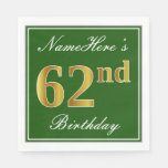 [ Thumbnail: Elegant Green, Faux Gold 62nd Birthday + Name Napkins ]