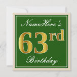 [ Thumbnail: Elegant, Green, Faux Gold 63rd Birthday + Name Invitation ]