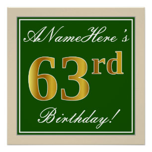 Elegant, Green, Faux Gold 63rd Birthday + Name Poster