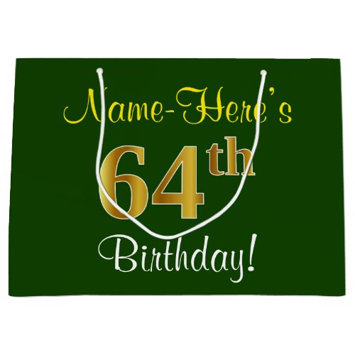 Elegant Green Faux Gold 64th Birthday  Name Large Gift Bag