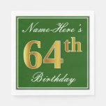 [ Thumbnail: Elegant Green, Faux Gold 64th Birthday + Name Napkins ]