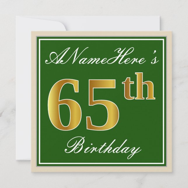 Elegant, Green, Faux Gold 65th Birthday + Name Invitation (Front)