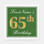 [ Thumbnail: Elegant Green, Faux Gold 65th Birthday + Name Napkins ]