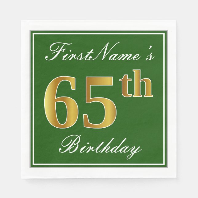 Elegant Green, Faux Gold 65th Birthday + Name Paper Napkins (Front)