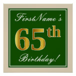 [ Thumbnail: Elegant, Green, Faux Gold 65th Birthday + Name Poster ]