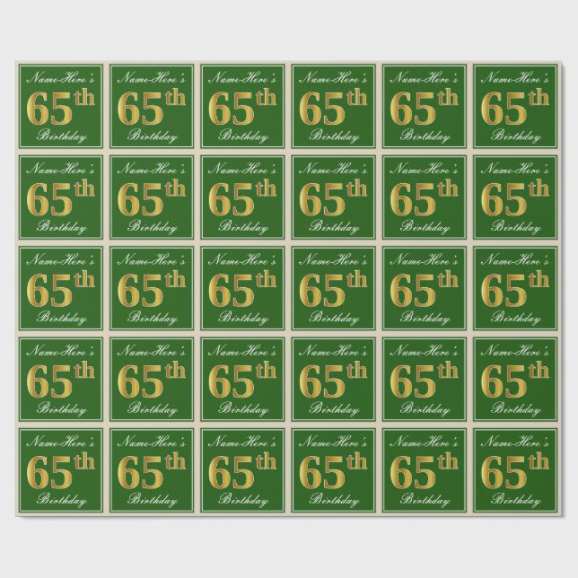 Elegant, Green, Faux Gold 65th Birthday + Name Wrapping Paper (Flat)