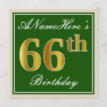 [ Thumbnail: Elegant, Green, Faux Gold 66th Birthday + Name Invitation ]