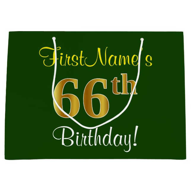 Elegant, Green, Faux Gold 66th Birthday + Name Large Gift Bag (Front)
