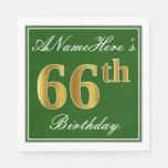 [ Thumbnail: Elegant Green, Faux Gold 66th Birthday + Name Napkin ]