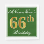 [ Thumbnail: Elegant Green, Faux Gold 66th Birthday + Name Napkins ]