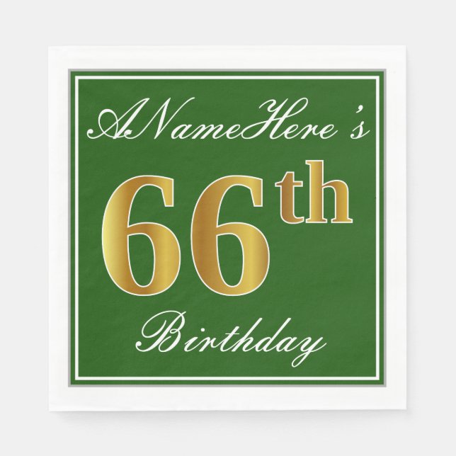 Elegant Green, Faux Gold 66th Birthday + Name Napkins (Front)