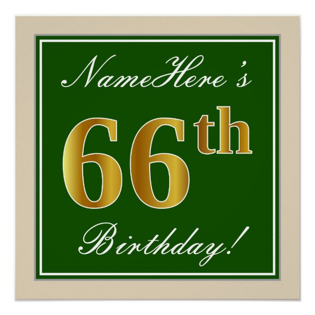 Elegant, Green, Faux Gold 66th Birthday + Name Poster (Front)