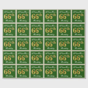 Elegant, Green, Faux Gold 66th Birthday + Name Wrapping Paper