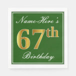 [ Thumbnail: Elegant Green, Faux Gold 67th Birthday + Name Napkins ]