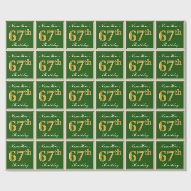 Elegant, Green, Faux Gold 67th Birthday + Name Wrapping Paper (Flat)
