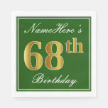 [ Thumbnail: Elegant Green, Faux Gold 68th Birthday + Name Napkin ]