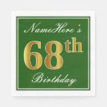 [ Thumbnail: Elegant Green, Faux Gold 68th Birthday + Name Napkins ]