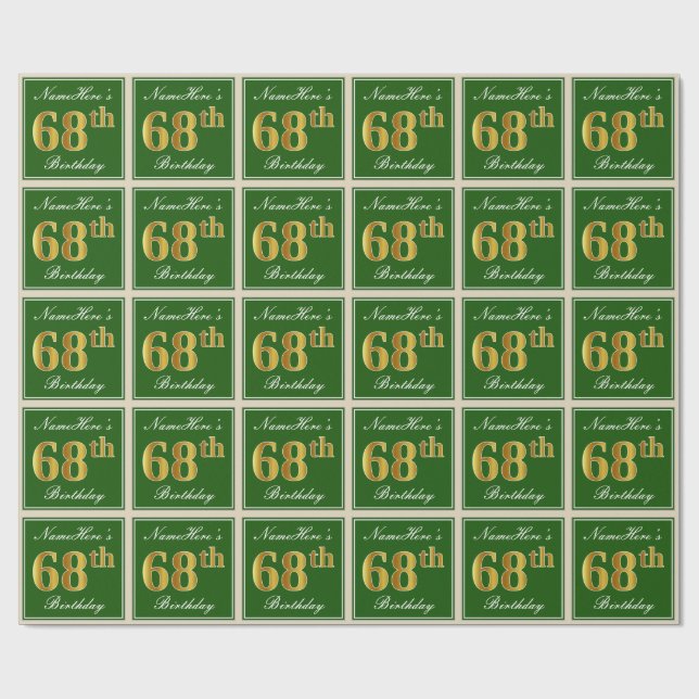 Elegant, Green, Faux Gold 68th Birthday + Name Wrapping Paper (Flat)