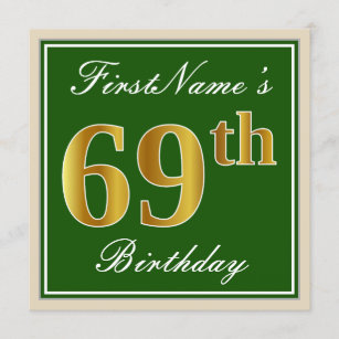 Elegant, Green, Faux Gold 69th Birthday + Name Invitation